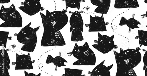 Animal hand drawn seamless vector pattern of cat silhouettes.Design elements for home decor,sign,halloween background,greeting cards,poster,logo,font,party.