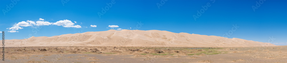 majestic mongolia prairie with mountains on background at cloudy day
