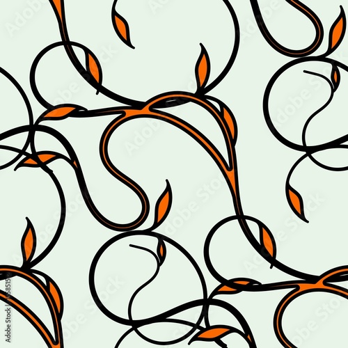 Seamless pattern of creepers. Black with orange curls on a light background.