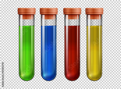 Four testtubes filled with colorful liquid