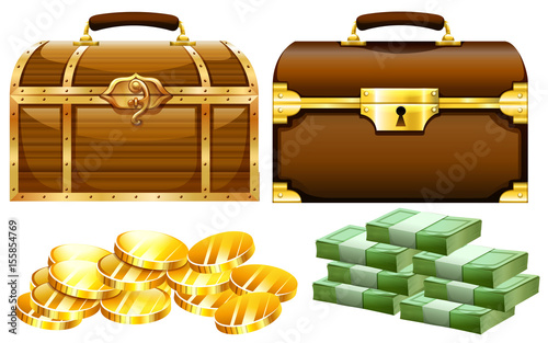 Two designs of chests with gold and money