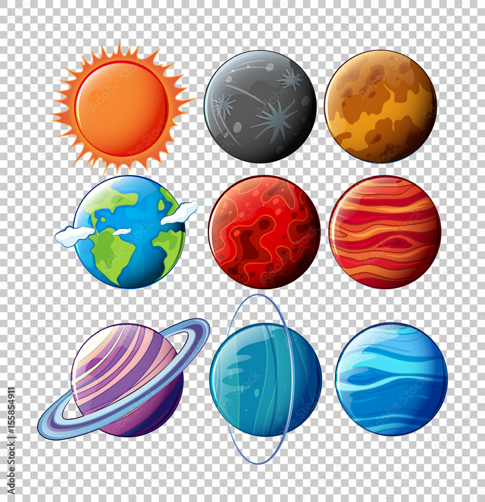 Different planets in solar system on transparent background Stock