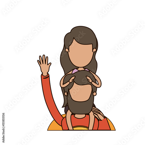 colorful caricature faceless half body super dad hero greeting with girl on his back vector illustration