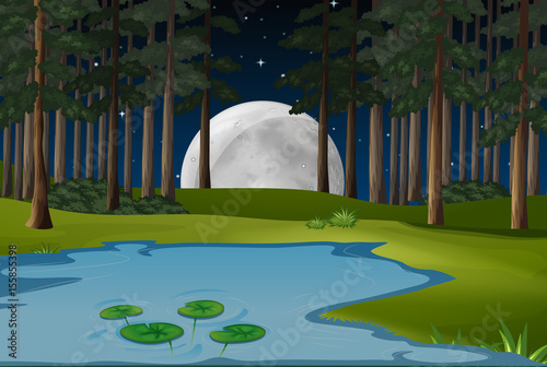 Nature scene with fullmoon and pond in forest