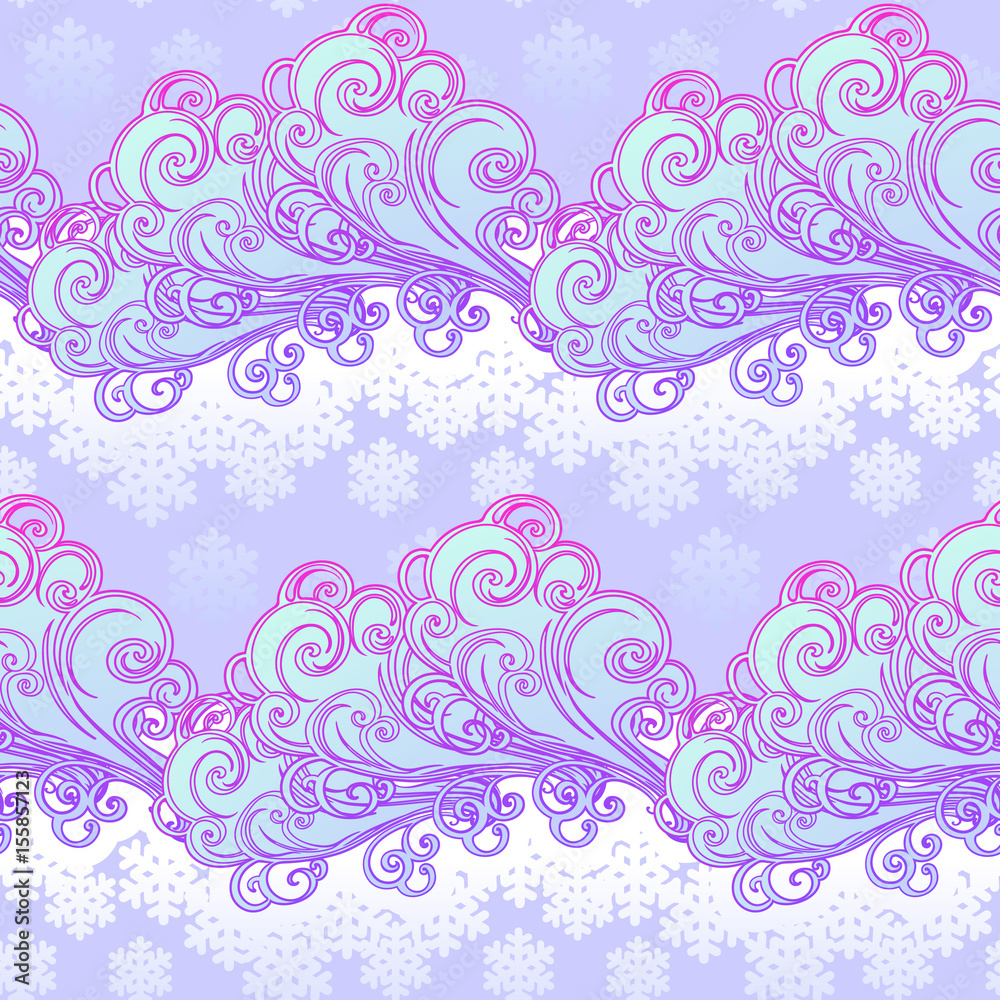 Fairytale style winter festive seamless pattern. Curly ornate clouds with a falling snowflakes. Christmas mood. Pastel palette. EPS10 vector illustration Fairytale style winter festive seamless pattern. Curly ornate clouds with a falling snowflakes. Christmas mood. Pastel palette. EPS10 vector illustration