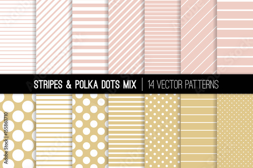 Blush Pink and Soft Gold Polka Dots and Stripes Seamless Vector Patterns. Modern Subtle Backgrounds. Various Thickness Diagonal & Horizontal Lines, Tiny & Jumbo Spots. Pattern Tile Swatches Included.