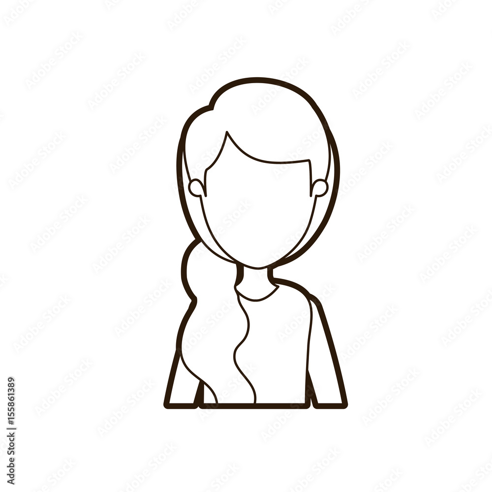 black thick contour caricature faceless half body woman with side ponytail hairstyle vector illustration
