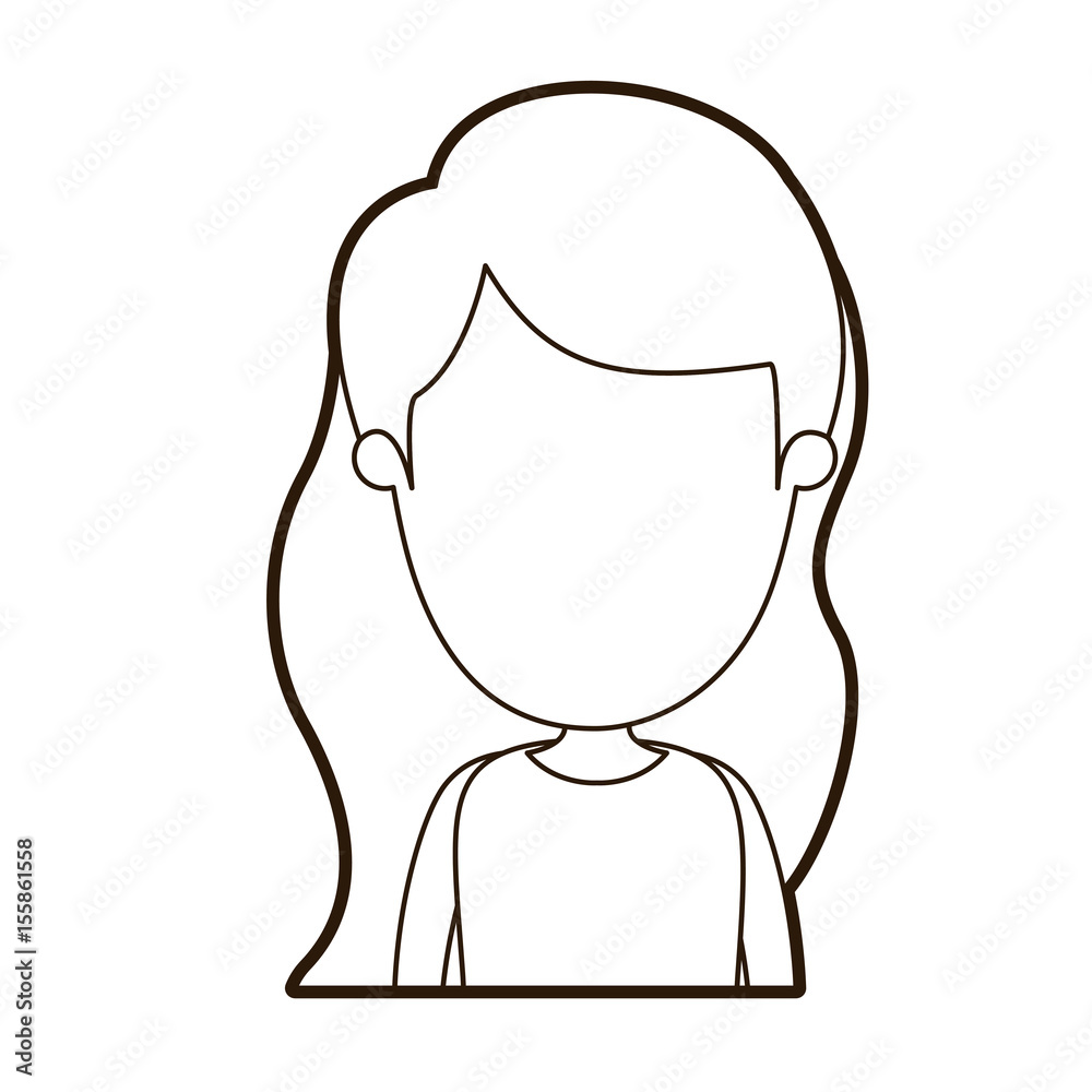 black thick contour caricature faceless front view half body girl with long wavy hair vector illustration