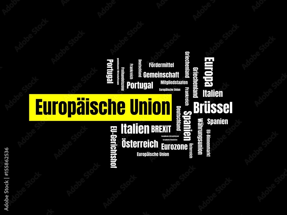 Europäische Union - Bilder mit Wörtern aus dem Bereich Europäische Union, Wortwolke, Würfel, Buchstabe, Bild, Illustration