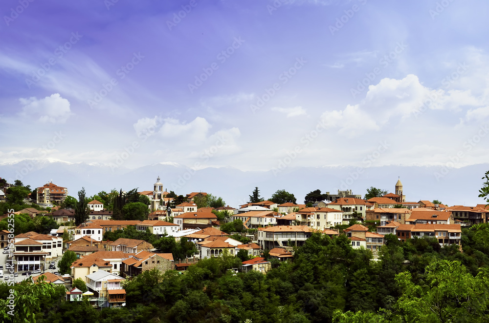 Panoramic view of a small town in the mountains, Sighnaghi or Signagi city in Georgia