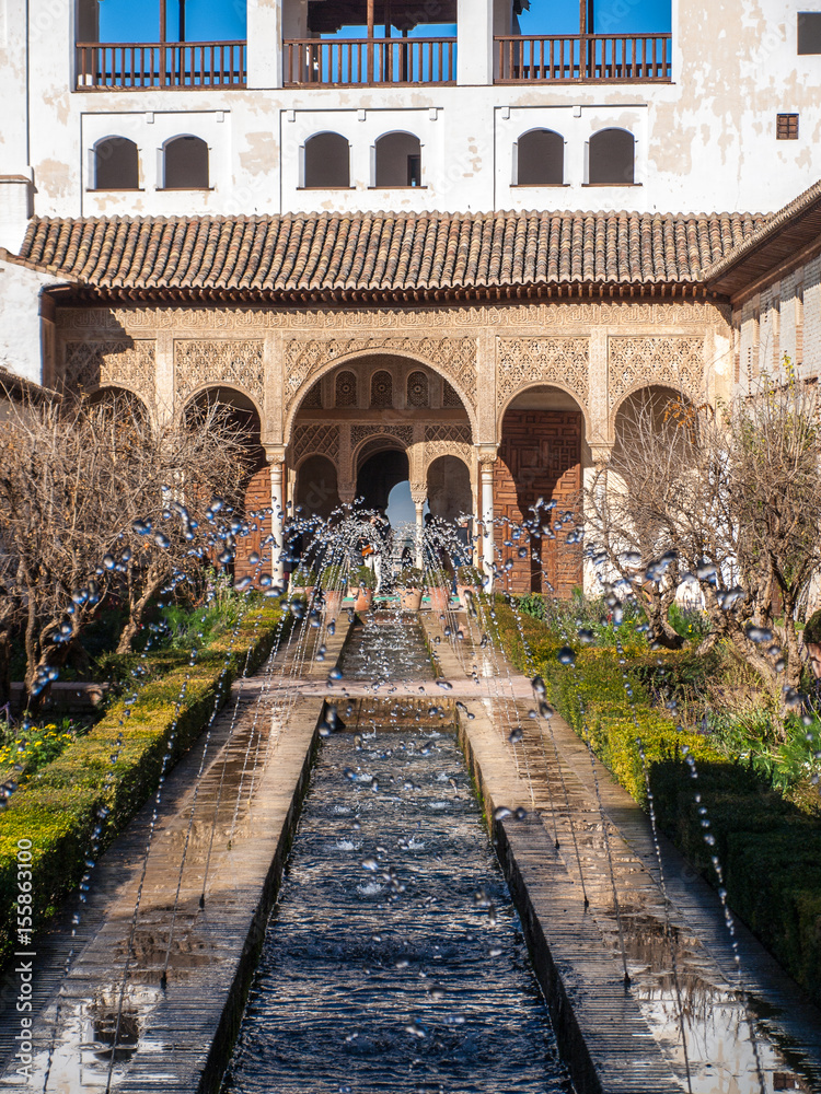 Detail of water of fountains of Generalife in Alhambra, Granada, Spain