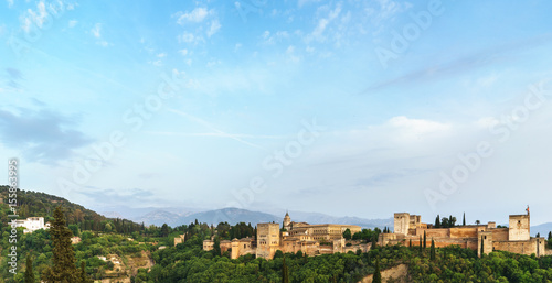 Landscape of Alhambra of Granada, Spain, from Albaycin with Sierra Nevada's mountain on the background