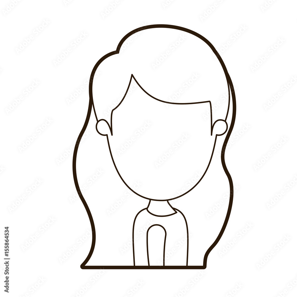 black thick contour caricature faceless side view half body girl with long wavy hair vector illustration