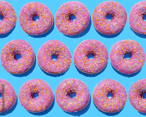 Pink ring doughnuts on blue background, seamless pattern