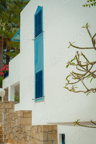 Greek architecture - white buildings, sea and blue windows, tree and flower