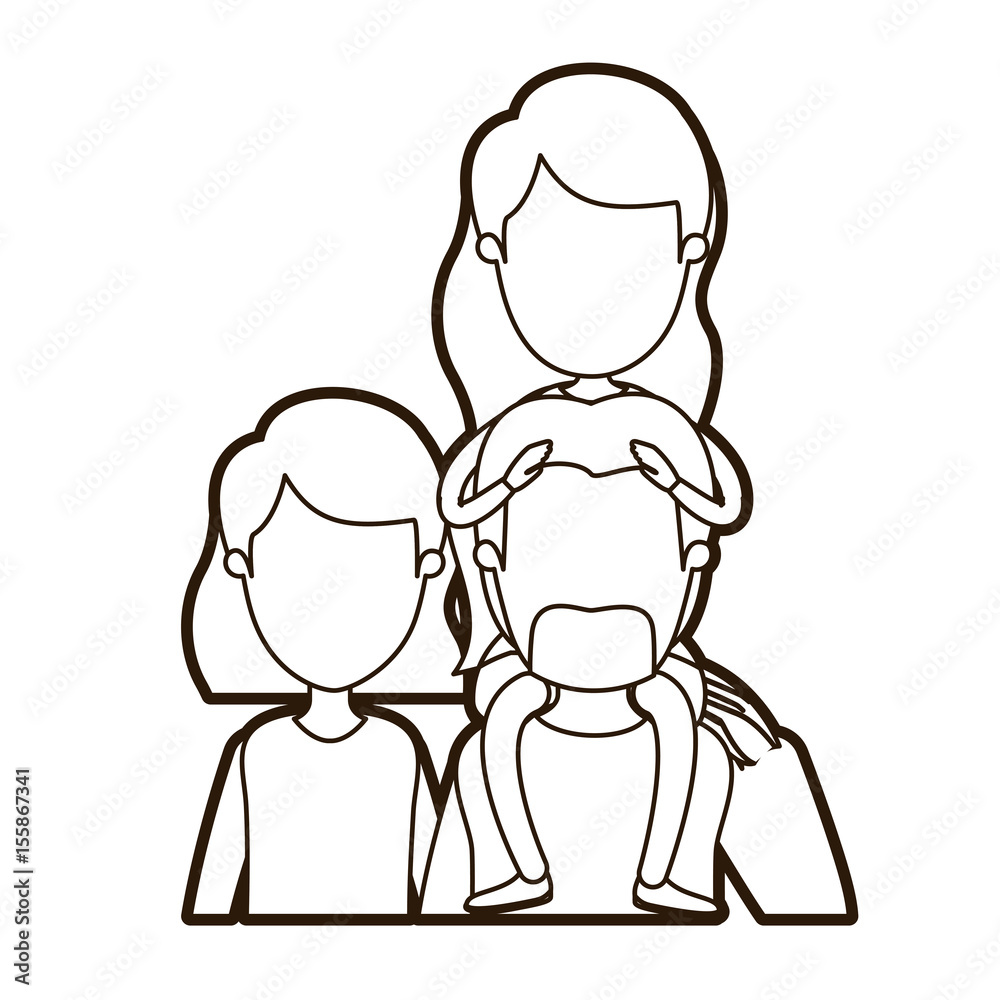 black thick contour caricature faceless front view half body family parents with girl long hairstyle on his back vector illustration black thick contour caricature faceless front view half body family parents with girl long hairstyle on his back vector illustration