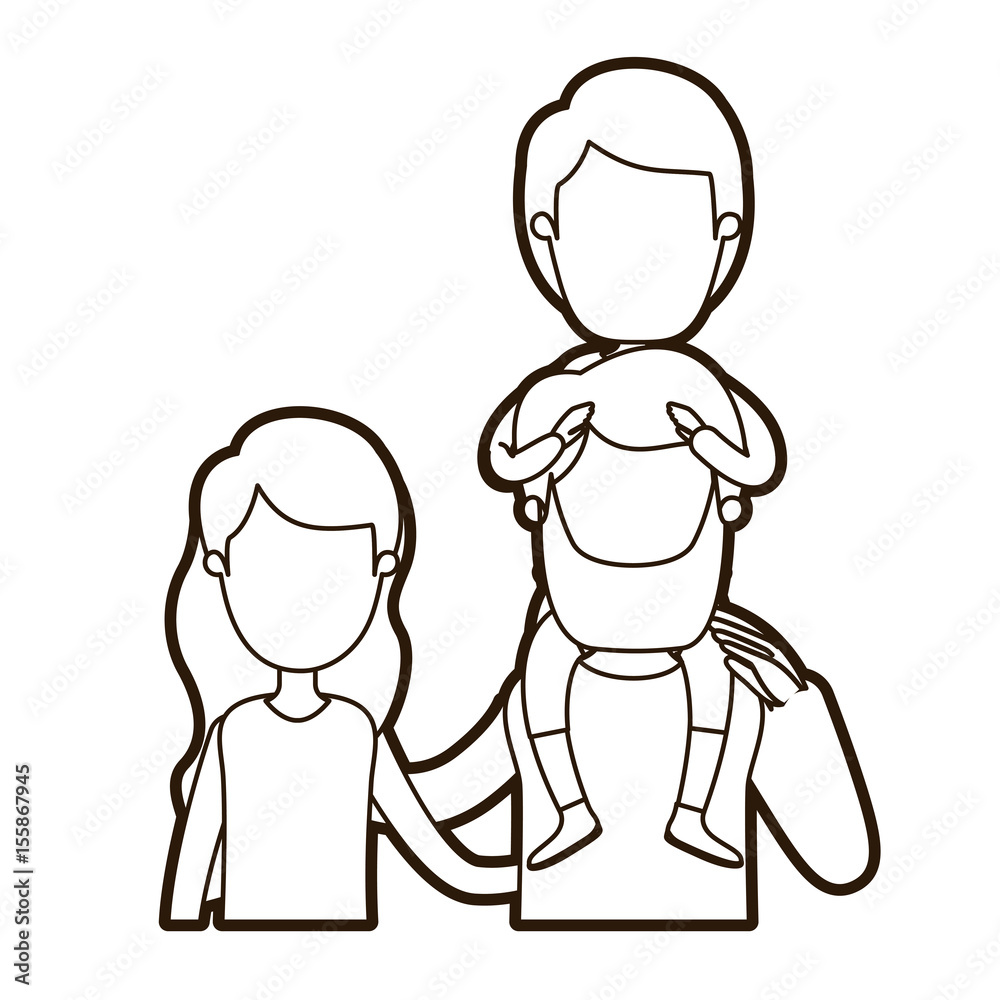 black thick contour caricature faceless front view half body family with wavy long hair woman and bearded man with boy on his back vector illustration black thick contour caricature faceless front view half body family with wavy long hair woman and bearded man with boy on his back vector illustration