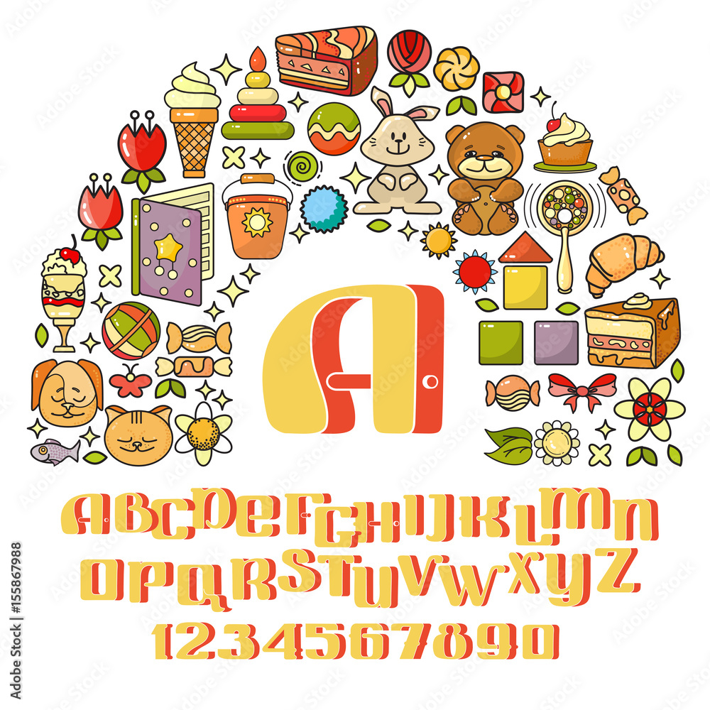 Vector childrens icon set - toys, sweets, alphabet.
