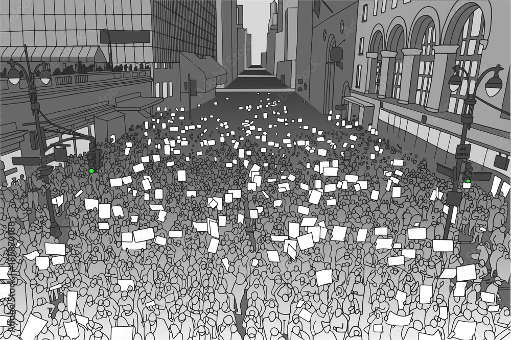 Illustration of large crowd demonstration from high angle and perspective