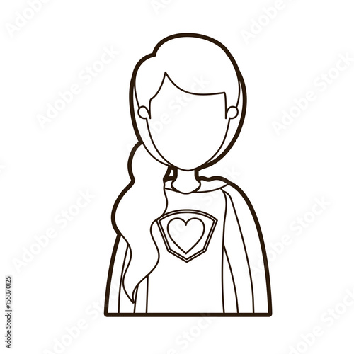 black thick contour caricature faceless half body super woman with ponytail side hairstyle vector illustration