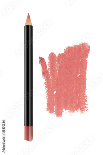 Pale red lips contour cosmetic pencil with color stroke sample, beauty product isolated on white background photo