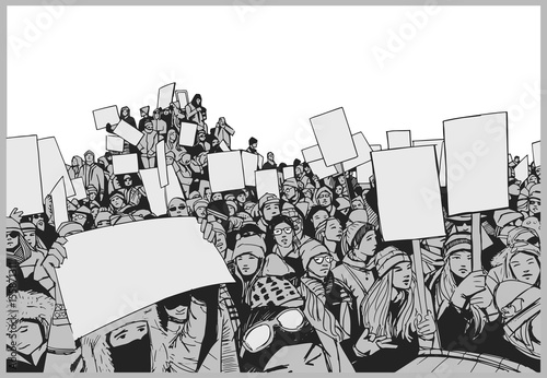 Illustration of crowd protest with blank signs