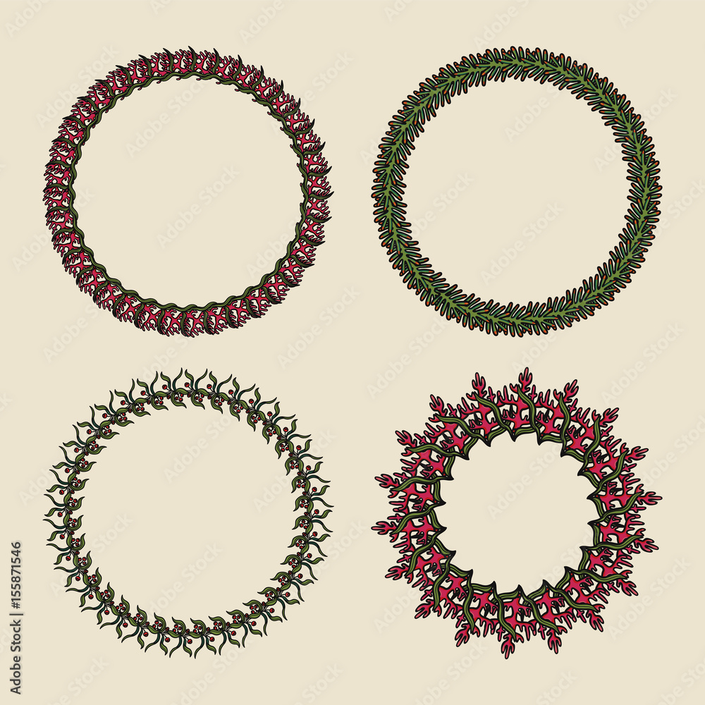 Handdrawn vector wreaths. Round botanical ornament on a green background. Handdrawn vector wreaths. Round botanical ornament on a green background.