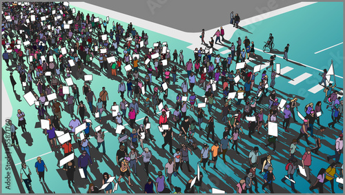Illustration crowd march for human rights with blank signs