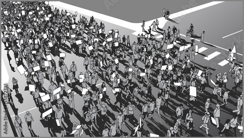 Illustration crowd march for human rights with blank signs