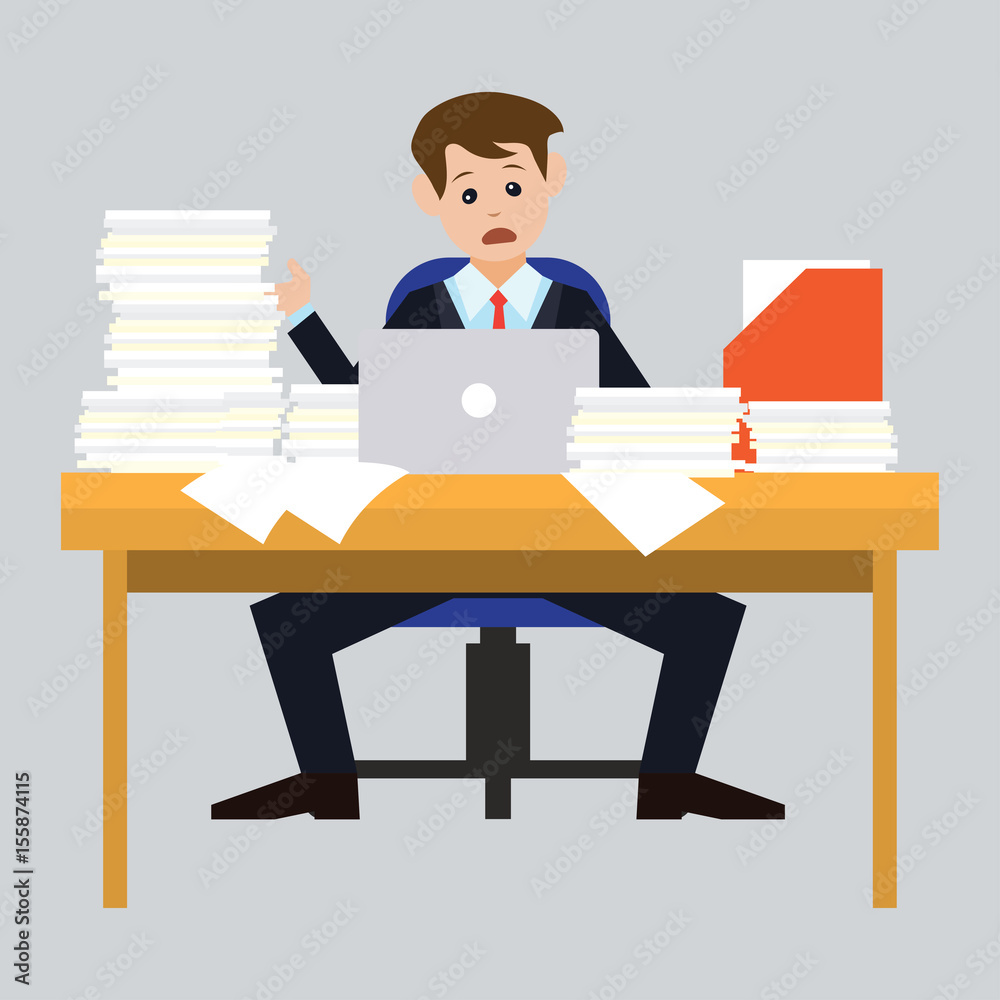 busy businessman stressed due to excessive work with full of paperwork in office, cartoon concept. vector illustration