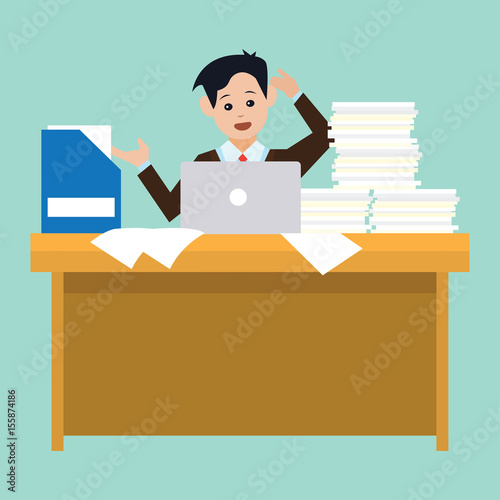 busy businessman stressed due to excessive work with full of paperwork in office, cartoon concept. vector illustration