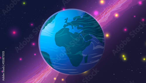 Earth in space on Milky Way and stars background.