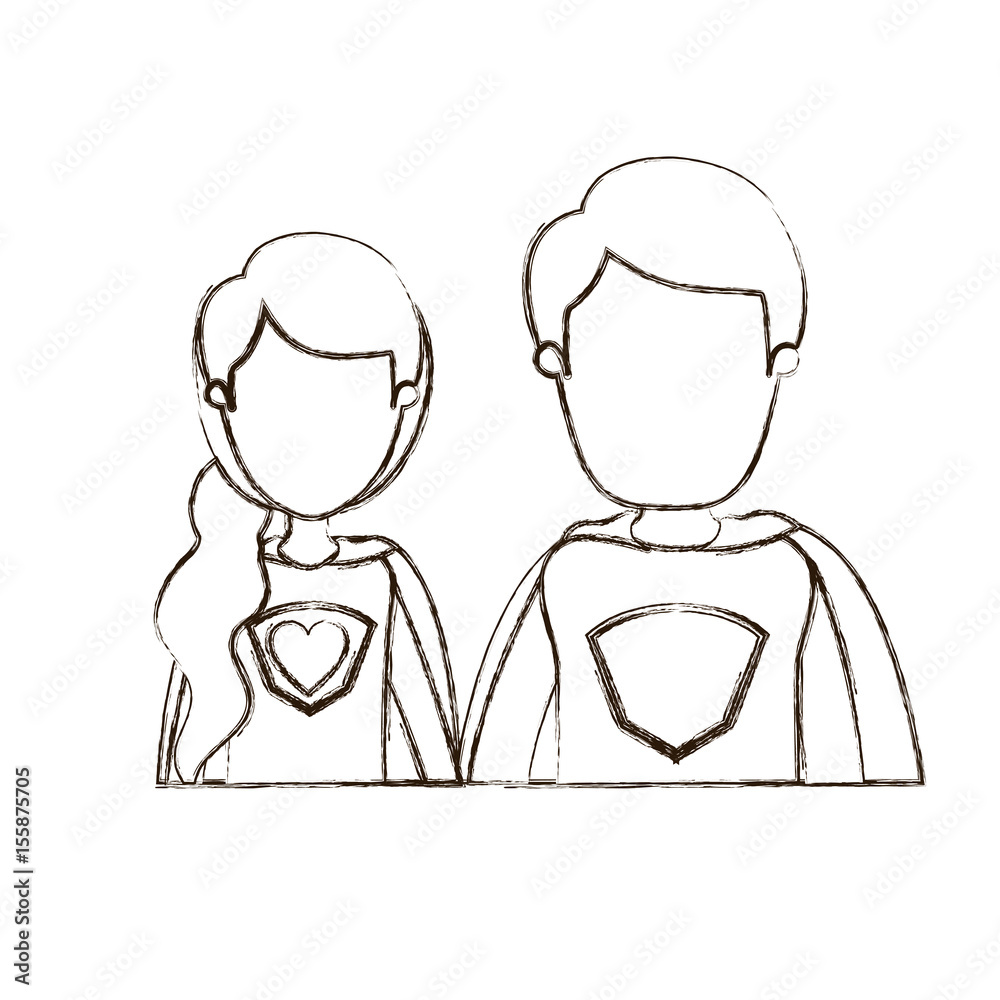blurred thin contour caricature faceless half body young couple female and male super hero with heart symbol in uniform vector illustration blurred thin contour caricature faceless half body young couple female and male super hero with heart symbol in uniform vector illustration