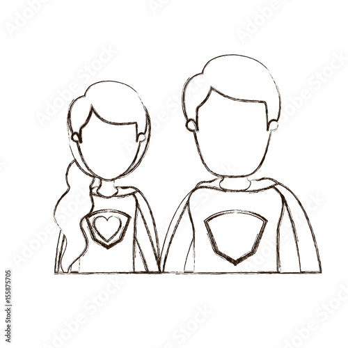 blurred thin contour caricature faceless half body young couple female and male super hero with heart symbol in uniform vector illustration © grgroup