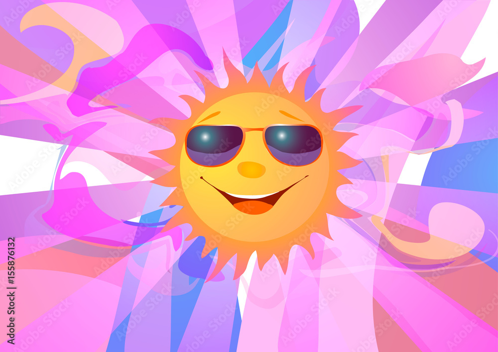 Vector illustration. Smiling sun in sunglasses on pink blue abstract background 
