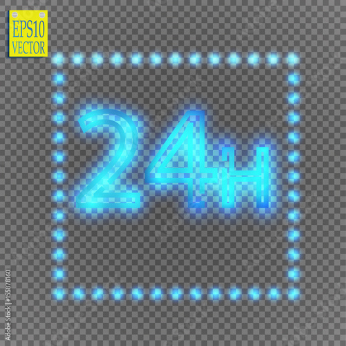 twenty four seven concept / open all days.Illustration of Vector Neon Sign. Open 24 Hours Glowing Neon Frame  on transparent background. 24/7