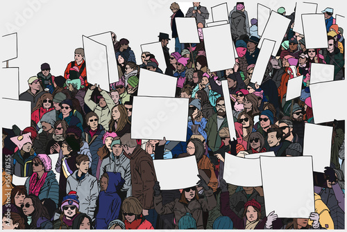 Illustration of crowd protest with blank signs