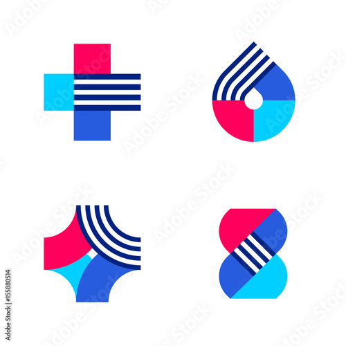 Cross, drop and DNA. Set of abstract medical or pharmacy vector logo mark templates or icons