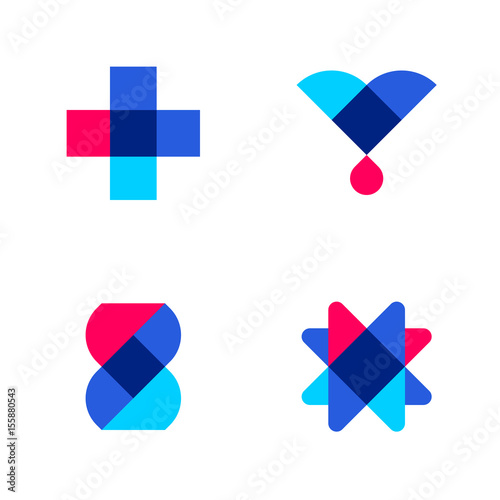 Cross, drop and DNA. Set of abstract medical or pharmacy vector logo mark templates or icons