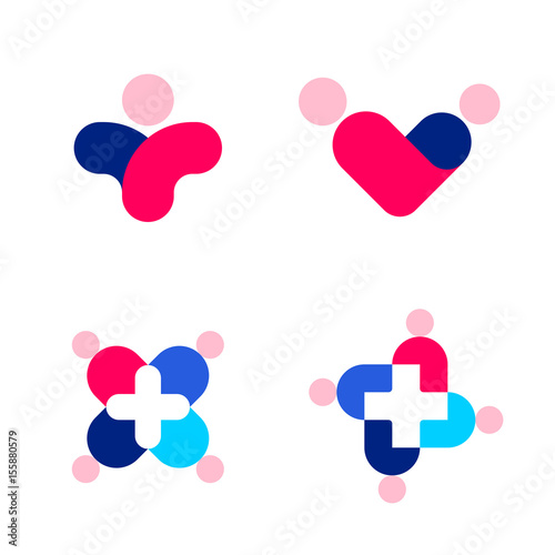 Human silhouettes and cross. Medicine and health care vector logo mark templates or icons set