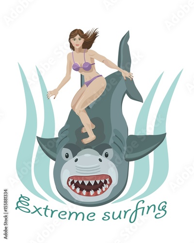 Canvas Print Girl surfer rides a shark like on the Board/ Girl cool surfer rides a shark ridi