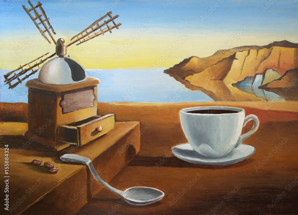 Obraz Śniadanie na plaży. Metafizyczny krajobraz z filiżanką kawy. malowanie imitujące Dali. Ilustracja, olej, karton.