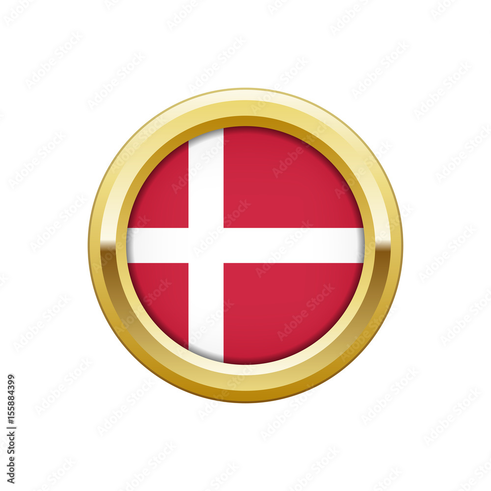 Round gold badge with Danish flag
