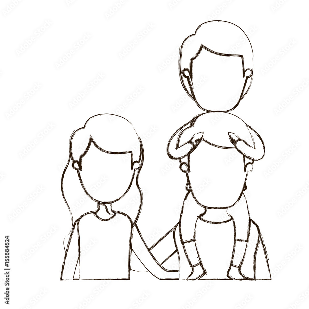 blurred thin contour caricature faceless front view half body young family parents with boy on his back vector illustration blurred thin contour caricature faceless front view half body young family parents with boy on his back vector illustration