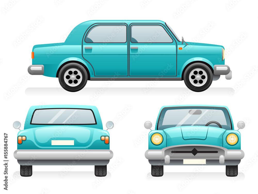 Front Back Side Point View Retro Car Icons Set Isolated Design Transport Clipart Symbols Vector Illustration