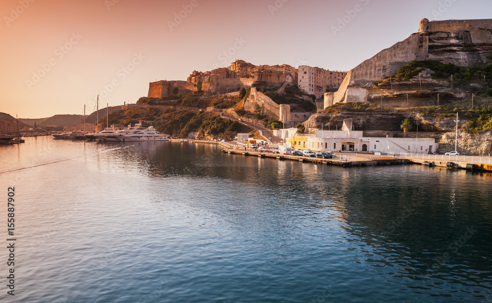 Bonifacio port in morning sunlight, island Corsica