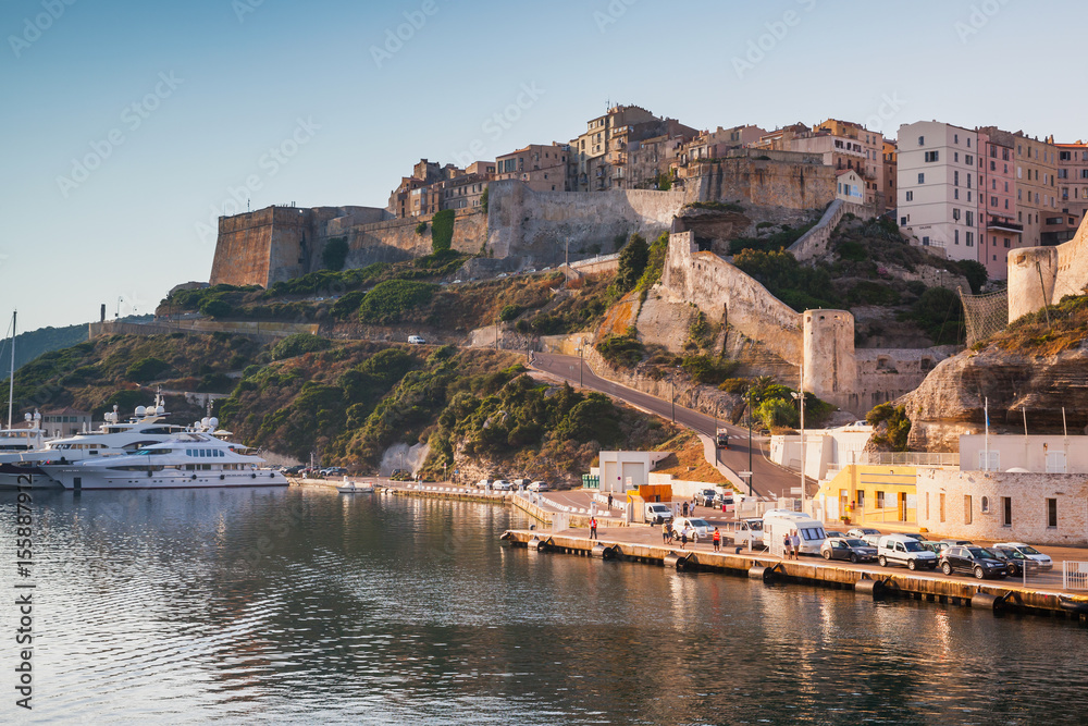 Bonifacio port in warm morning sunlight, Corsica