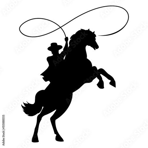 Cowboy silhouette with rope lasso on horse vector illustration isolated on white background for rodeo western design photo