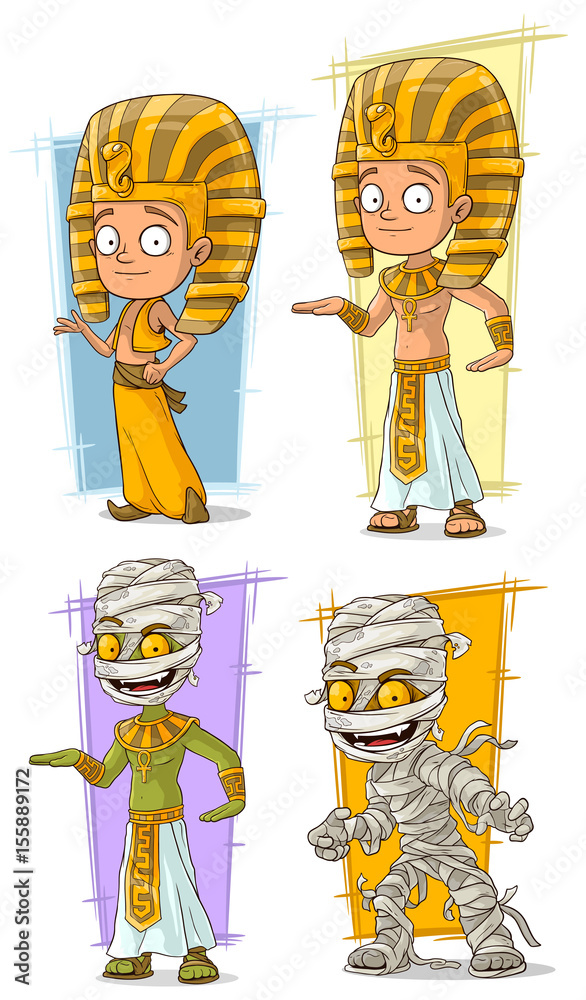 Cartoon egyptian young pharaoh and mummy character vector set Stock