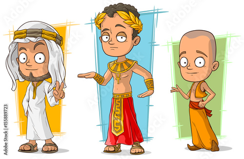 Cartoon arabian egyptian and asian boy character vector set